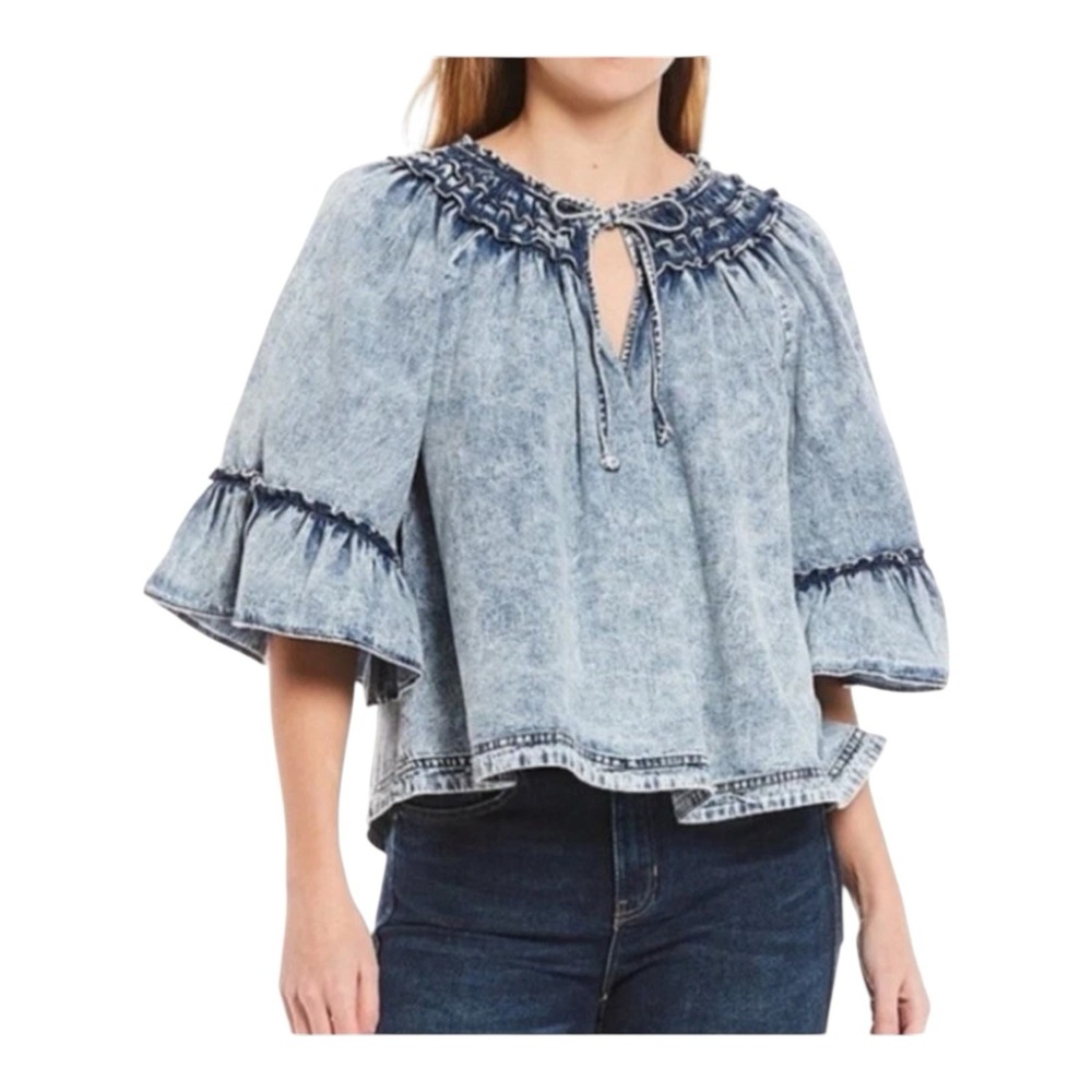 Free People Ainsley Indigo Wash Round Neck  Pullover Denim Top Size‎ L